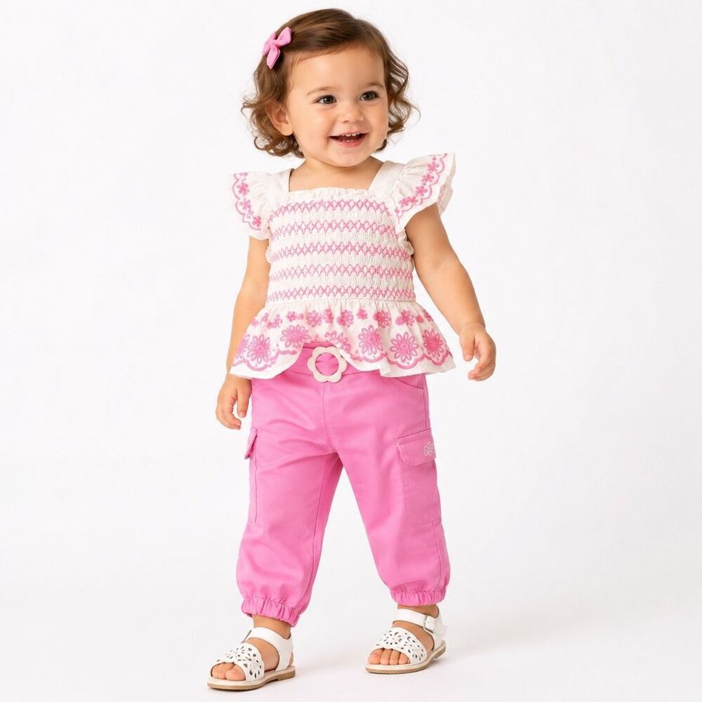 Little Lass 18M Pink Embroidered Smocked Top Cargo Pants Outfit Set Boho